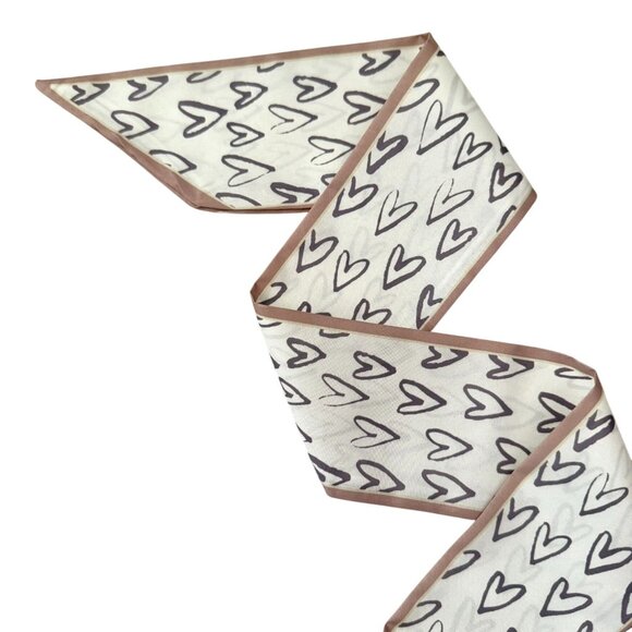 Slim Scarf Heart Print 34in White Brown Sketched Hearts Cute Style Neutral No68 - Picture 6 of 9